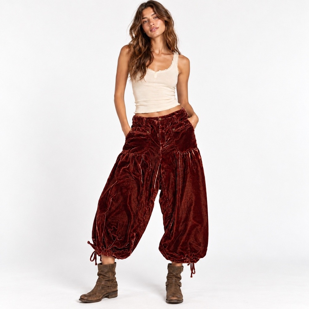Free People Womens 30 Velvet Lotus Pants Red Burgundy Balloon Pants Velvet Boho